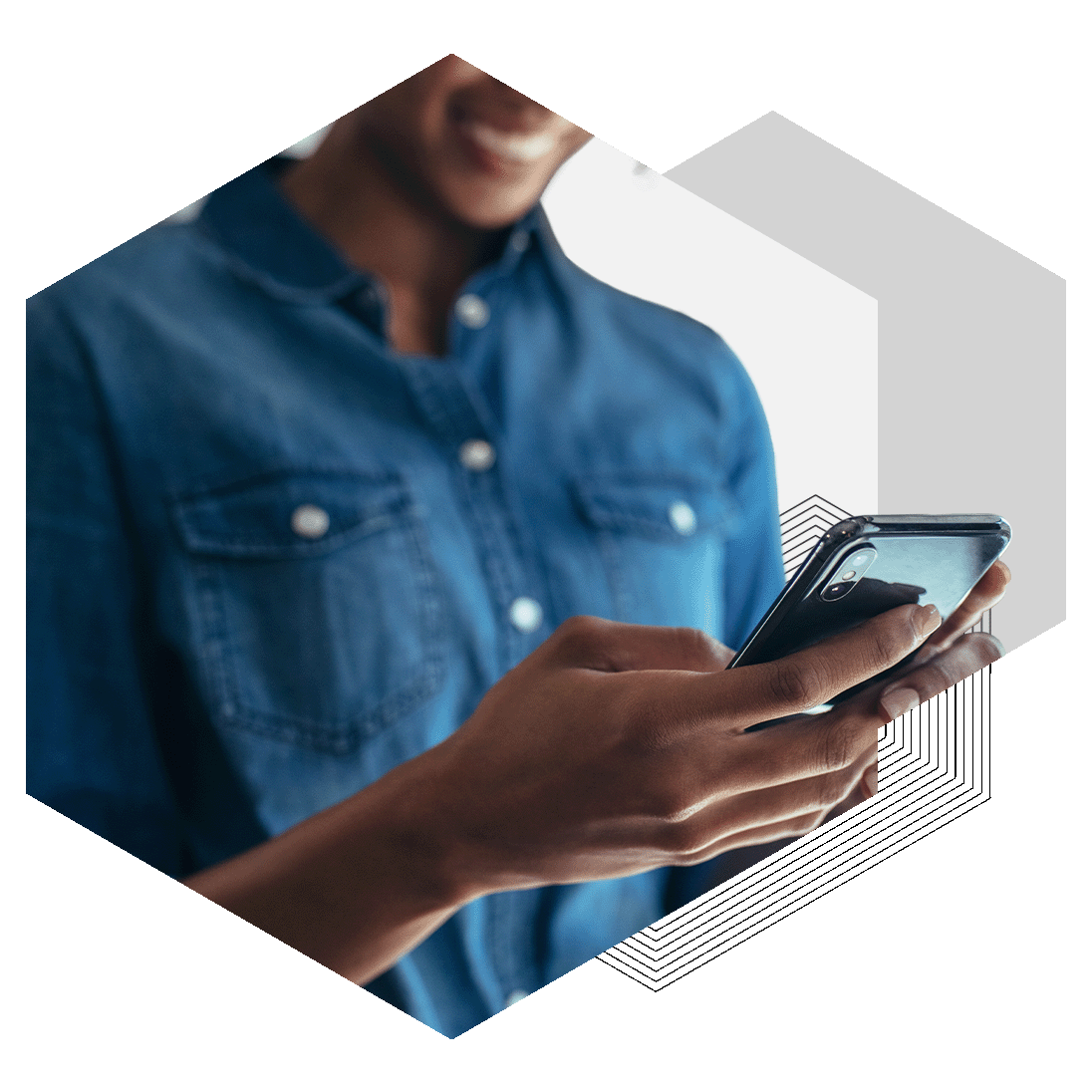 close up of woman smiling and using a smart phone close up of woman smiling and using a smart phone