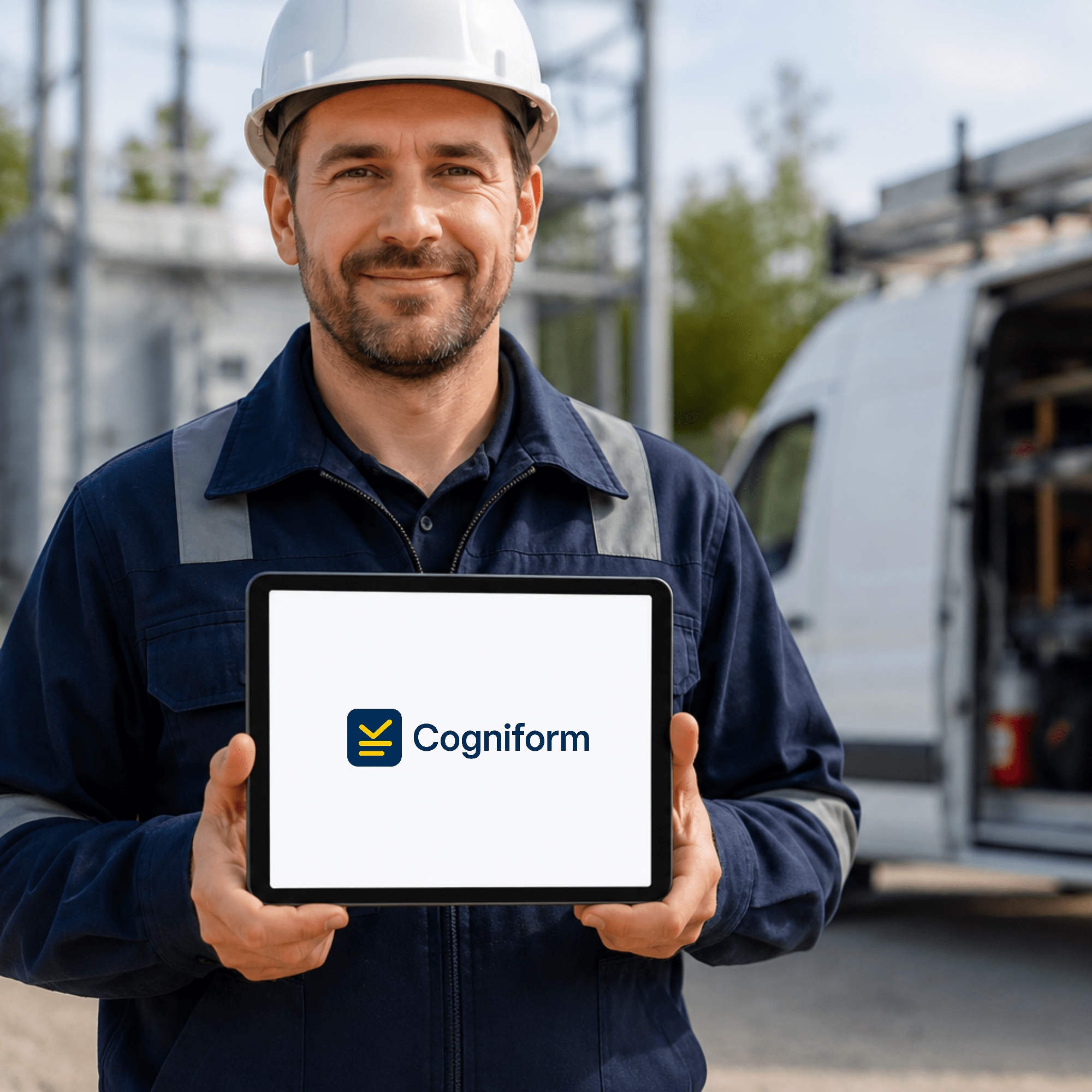 Field technician holding a tablet running Cogniform